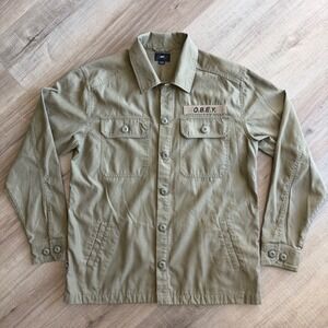 Obey Worldwide Mens Khaki Tan Military Chore Jacket Shirt O.B.E.Y. Patch Medium